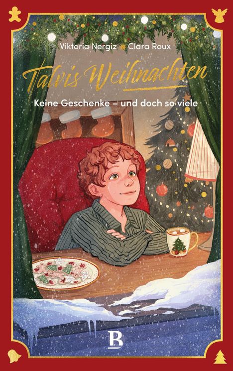 "Viktoria Nergiz, Clara Roux, Talis Weihnachten, Keine Geschenke – und doch so viele." Illustration: Junge sitzt lächelnd am Tisch.
