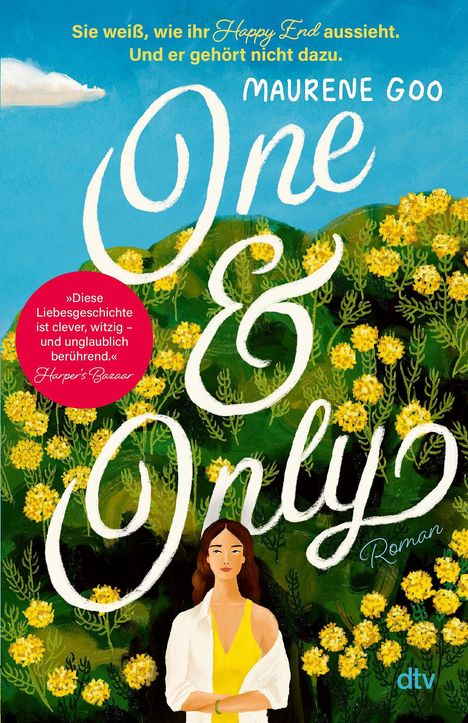 "One & Only" von Maurene Goo. Gelbe Blumenwiese, Blaue Himmelkulisse, Frau in gelbem Kleid.