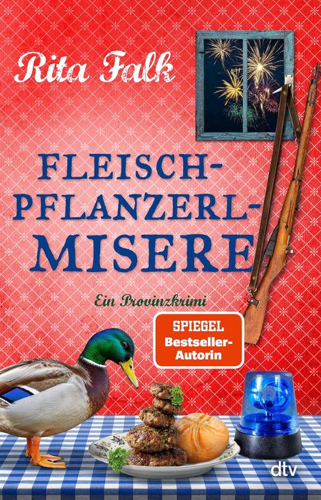 "Rita Falk, FLEISCHPFLANZERL-MISERE, Ein Provinzkrimi. VISUELLE DETAILS: Ente, Teller mit Fleischpflanzerl, Blaulicht, Gewehre."