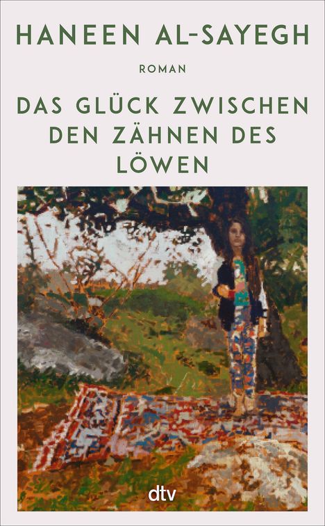 Haneen Al-Sayegh, Roman: "Das Glück zwischen den Zähnen des Löwen". Illustration: Person auf einem Teppich unter Bäumen.