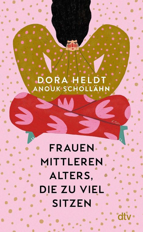 Titel: "Frauen mittleren Alters, die zu viel sitzen." Illustration einer Frau in bunter Kleidung.