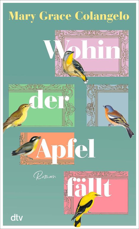 "Mary Grace Colangelo. Wohin der Apfel fällt. Roman." Vögel auf farbigen, ornamental verzierten Rechtecken.