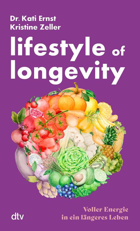 "lifestyle of longevity" steht groß auf lila Hintergrund. Unten: Obst und Gemüse als bunte Illustration.