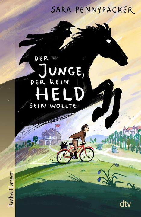„Der Junge, der kein Held sein wollte“ von Sara Pennypacker. Junge auf rotem Fahrrad, Silhouette eines Reiters auf Pferd.