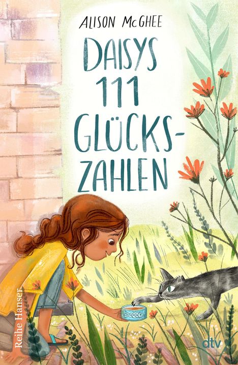 Text: "ALISON McGHEE, DAISYS 111 GLÜCKSZAHLEN."  
Eine Illustration: Mädchen mit Katze in einem blumigen Garten.