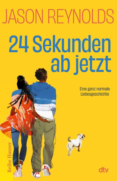 „24 Sekunden ab jetzt“ von Jason Reynolds. Eine Illustration zeigt ein Paar von hinten und einen kleinen Hund.