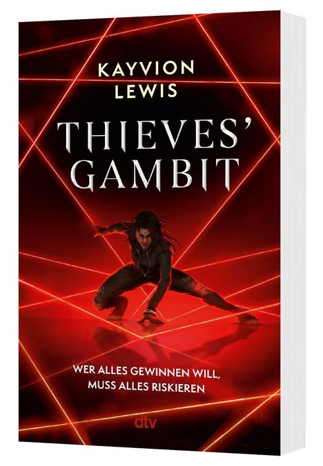 "Kayvion Lewis: Thieves' Gambit. Wer alles gewinnen will, muss alles riskieren." Eine Person in Kampfhaltung, umgeben von roten Lasern.