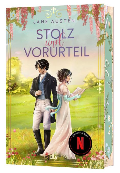 "Stolz und Vorurteil" in großen Buchstaben. Illustration: Mann und Frau in historischer Kleidung auf einer Wiese.