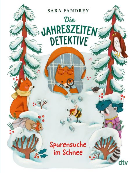 „Die Jahreszeiten Detektive: Spurensuche im Schnee“. Illustration mit Tieren in winterlicher Landschaft.