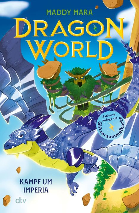 Titel: DRAGON WORLD, Maddy Mara. Text: KAMPF UM IMPERIA. Blaue und gelbe Drachen fliegen, Bäume mit Gesichtern.