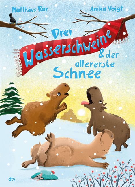 Titel: Drei Wasserschweine & der allererste Schnee. 
Drei fröhliche Wasserschweine im Schnee unter einem blauen Himmel.