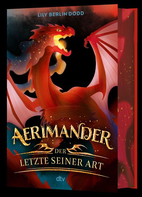 Titel: Aerimander - Der Letzte seiner Art. Autor: Lily Berlin Dodd. Roter Drache mit ausgebreiteten Flügeln vor dunklem Hintergrund.