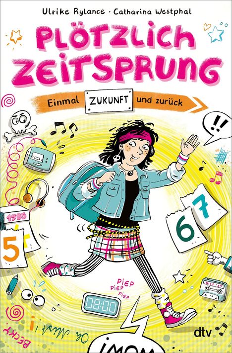 Titel: "PLÖTZLICH ZEITSPRUNG". Untertitel: "Einmal ZUKUNFT und zurück". Illustration: Mädchen mit Rucksack und Retro-Elementen.
