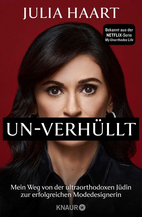 "Julia Haart, UN-VERHÜLLT. Mein Weg von der ultraorthodoxen Jüdin zur erfolgreichen Modedesignerin." Rotes Hintergrundbild mit Frau.