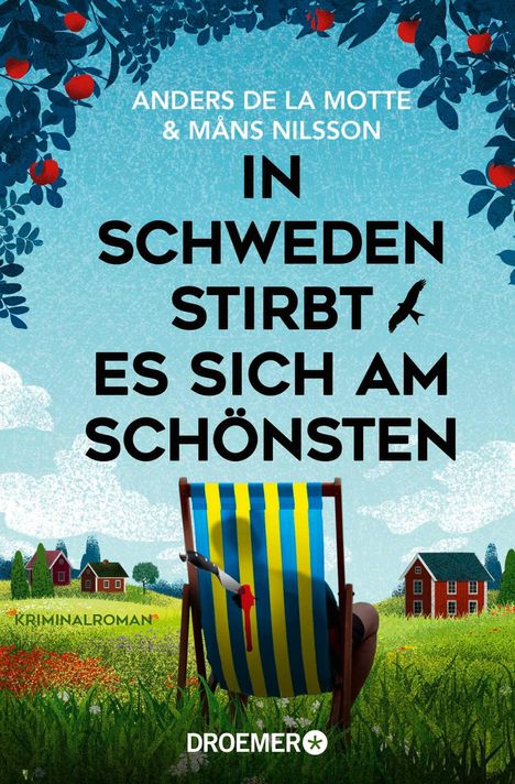 „In Schweden stirbt es sich am schönsten“, Kriminalroman. Illustration: Apfelbaum, Liegestuhl, schwedische Häuser.