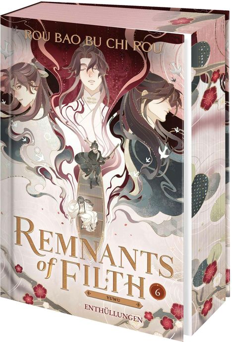 Text: "Remnants of Filth", "Rou Bao Bu Chi Rou", "YUWU", "Enthüllungen". Fantasy-Illustration mit Figuren und Blumen.