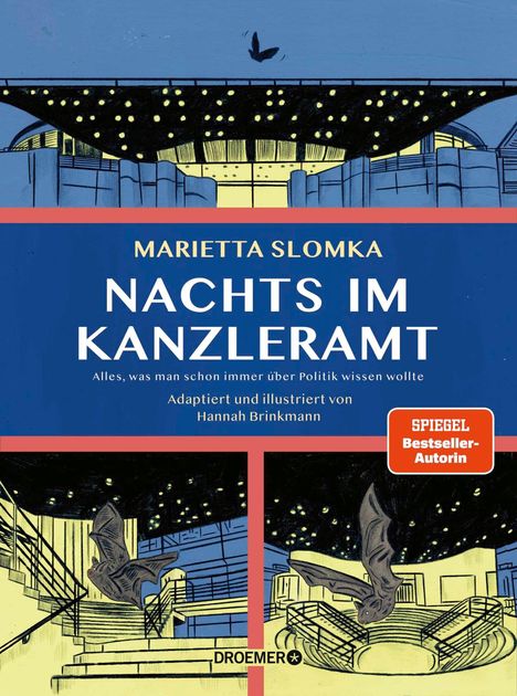 Titel: "Nachts im Kanzleramt". 
Autorin: Marietta Slomka. 
Illustration von Hannah Brinkmann. 
Blaues, illustriertes Cover.