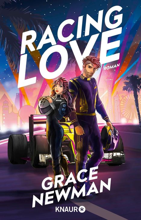 „Racing Love“ oben, „Grace Newman“ unten. Illustration: Zwei Rennfahrer vor einem Auto, Hintergrund mit Palmen und Riesenrad.