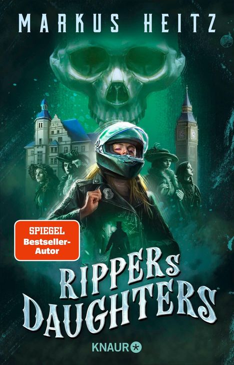 "Rippers Daughters" von Markus Heitz. Eine Szene mit einem Motorradfahrer, viktorianischen Figuren und einem großen Totenkopf.