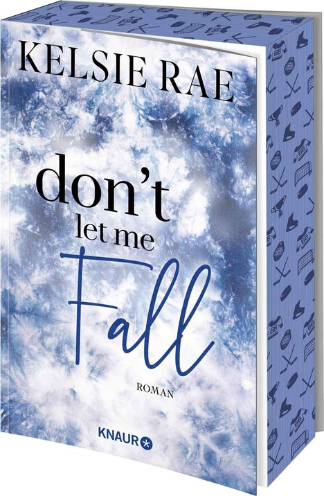 „Kelsie Rae - don’t let me fall - Roman“. Blau-weißes Cover mit abstraktem Muster, seitlich Symbole und Logos.