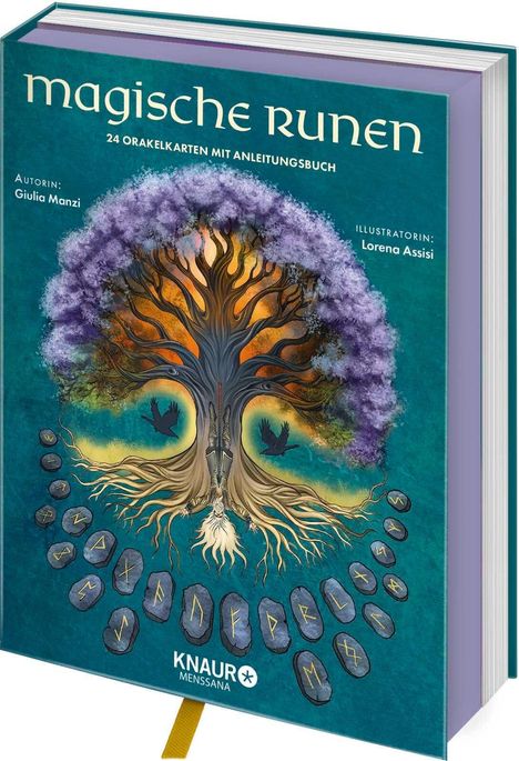 „Magische Runen“ steht oben, darunter ein Baum mit Runen im Boden und zwei Raben.