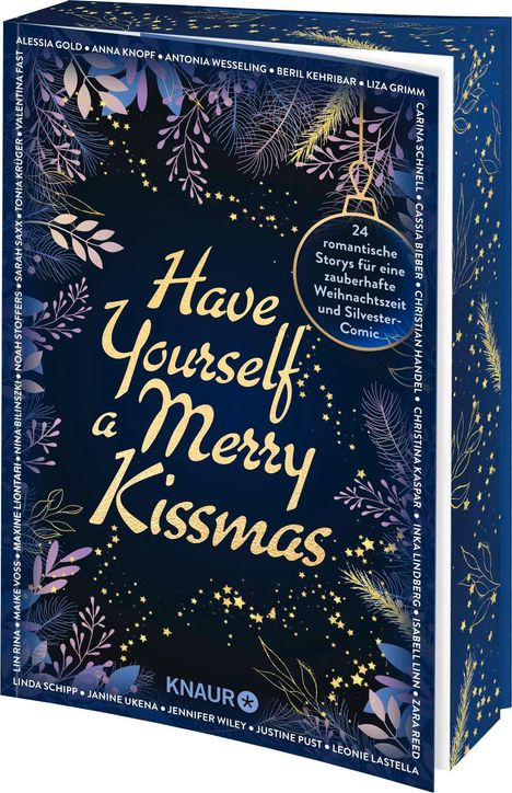 „Have Yourself a Merry Kissmas“ in goldener Schrift, umgeben von weihnachtlichen Zweigen und Sternen auf dunklem Hintergrund.