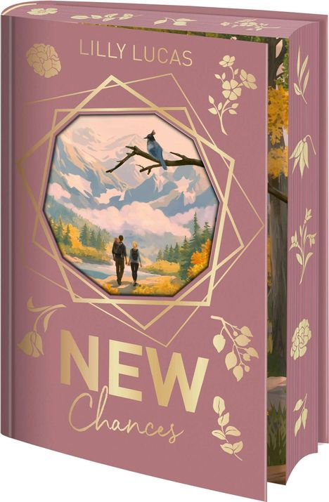 "LILLY LUCAS", "NEW Chances". Illustration: Zwei Personen wandern in einer Herbstlandschaft mit Bergen und einem Vogel auf einem Ast.