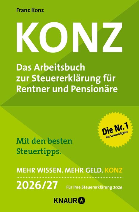 Buchcover mit grünem Hintergrund, Text: "Franz Konz, KONZ, Das Arbeitsbuch zur Steuererklärung für Rentner und Pensionäre".