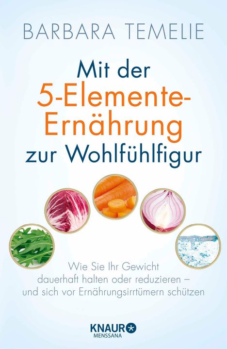 „Mit der 5-Elemente-Ernährung zur Wohlfühlfigur“ steht über Bildern von Gemüse und Wasser. Unten „Knaur MensSana“.