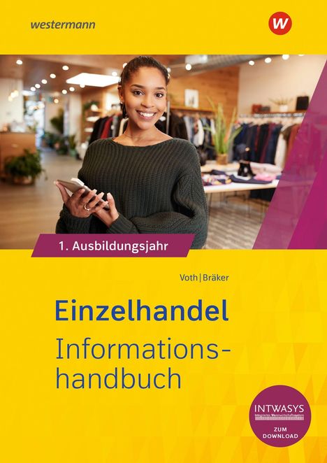 Titel: "1. Ausbildungsjahr Einzelhandel Informationshandbuch". 

Frau in einem Bekleidungsgeschäft.