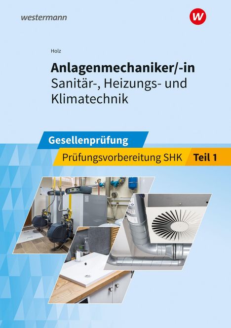 „Anlagenmechaniker/-in Sanitär-, Heizungs- und Klimatechnik“ steht zentral. Bilder von Heizung, Lüftung und Waschbecken.