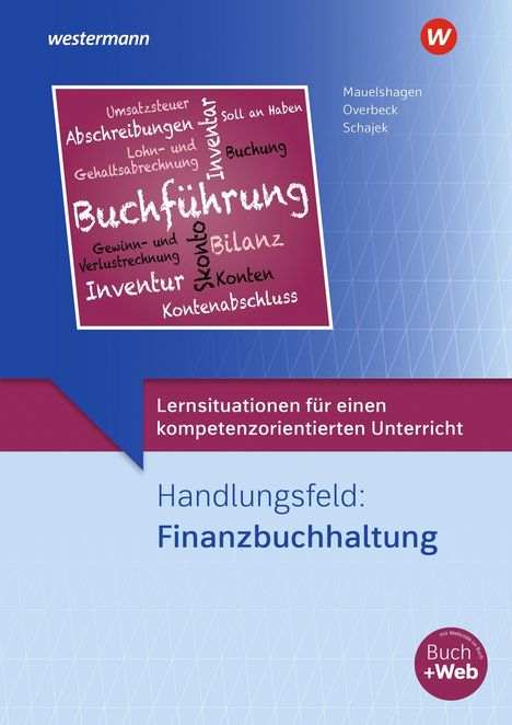 Text: Buchführung, Inventur, Bilanz, Skonto. Thema: Finanzbuchhaltung. Logo oben rechts. Farben: Blau, Weiß, Rot.