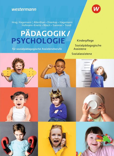 Text: "Pädagogik/Psychologie für sozialpädagogische Assistenzberufe." Bilder von lachenden, spielenden und neugierigen Kindern.