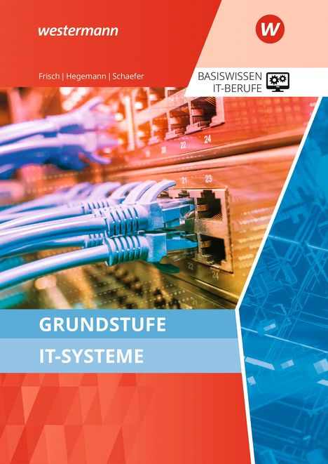 Titel: Grundstufe IT-Systeme. Mehrere Netzwerkstecker in Anschlüssen, rote und blaue Farbgestaltung.