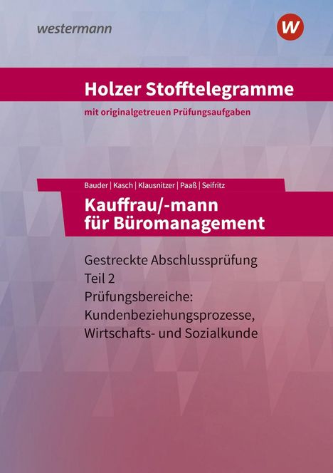 „Holzer Stofftelegramme“, „Kauffrau/-mann für Büromanagement“. Design mit rosa Streifen und geometrischem Hintergrund.