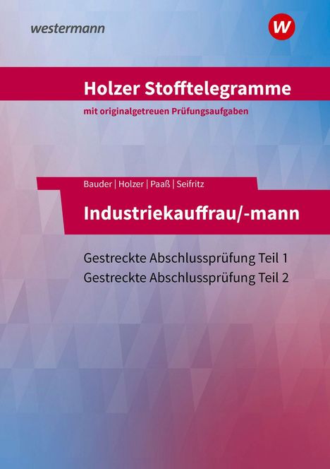 Holzer Stofftelegramme, Industriekauffrau/-mann, Abschlussprüfungen. Blau-rote Hintergrundgrafik mit Logo oben rechts.