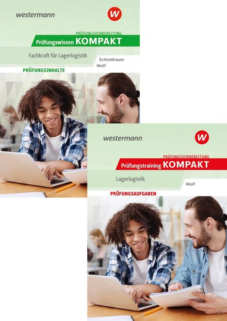 "Prüfungsvorbereitung KOMPAKT, Fachkraft für Lagerlogistik, westermann. Zwei Personen arbeiten lächelnd am Laptop."