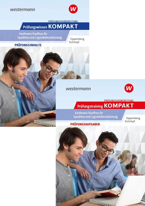 Zwei Buchcover: "Prüfungswissen Kompakt" und "Prüfungstraining Kompakt". Oben je ein Westermann-Logo. Junge Männer lernen.