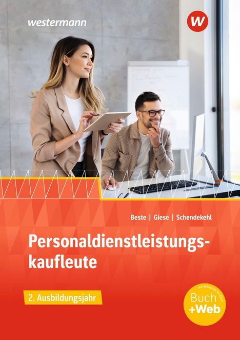 „Personaldienstleistungskaufleute, 2. Ausbildungsjahr“. Zwei Personen im Büro, eine Frau mit Tablet, ein Mann am PC.