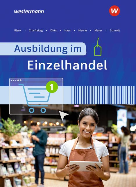 „Ausbildung im Einzelhandel“. Im Hintergrund eine Verkäuferin mit Tablet in einem Geschäft. Oben das Logo „westermann“.