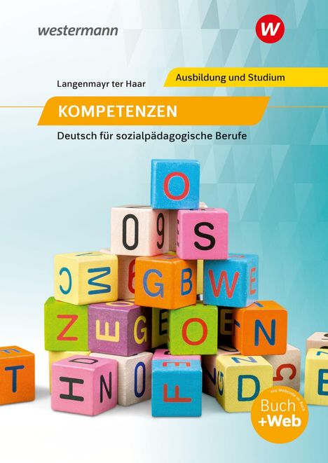 Text: "KOMPETENZEN Deutsch für sozialpädagogische Berufe." Bunte Alphabet-Würfel stapeln sich. Logo oben rechts.
