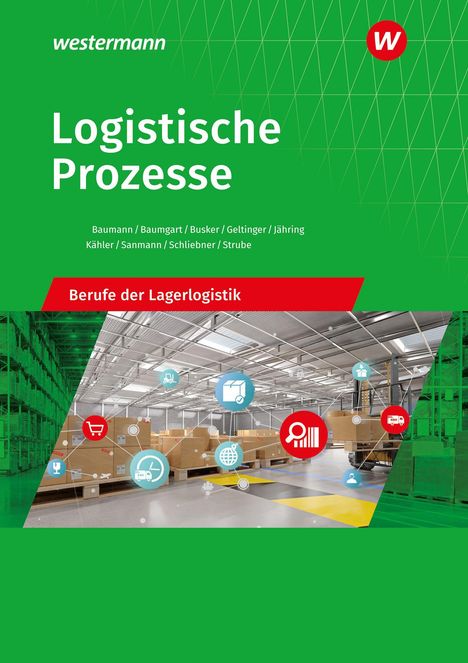 „Logistische Prozesse“ in Weiß auf Grün. „Berufe der Lagerlogistik“ auf rotem Band. Lagerhalle mit Symbolen.