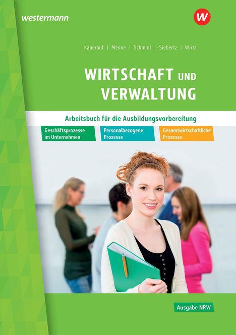 "Wirtschaft und Verwaltung, Arbeitsbuch für die Ausbildungsvorbereitung. Junge Frau mit Ordner, drei Personen im Hintergrund."