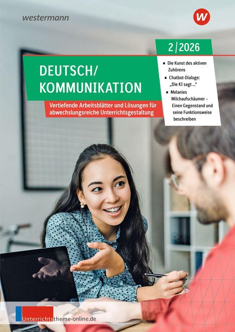 "DEUTSCH/KOMMUNIKATION" auf grünem Hintergrund, Frau lacht; Männergesicht im Vordergrund, ein Laptop.