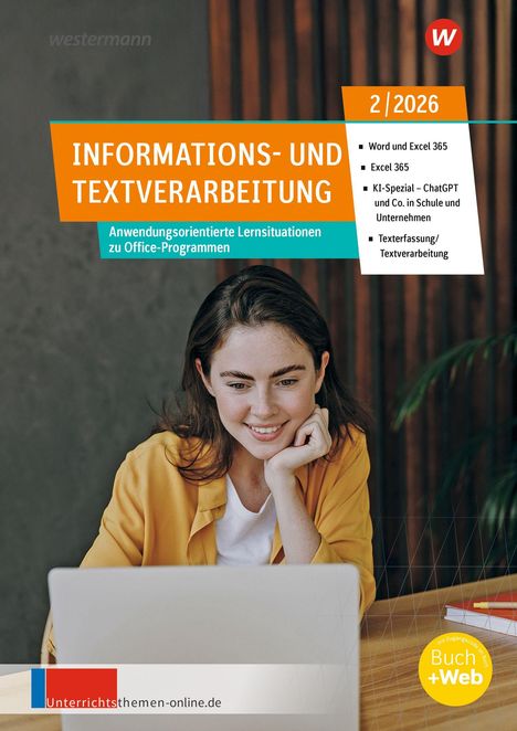 "Ohne Texte mit Copyright © Hinweis. Informatives Cover mit Frau am Laptop, Text zu Office-Programmen, leuchtende Farben."