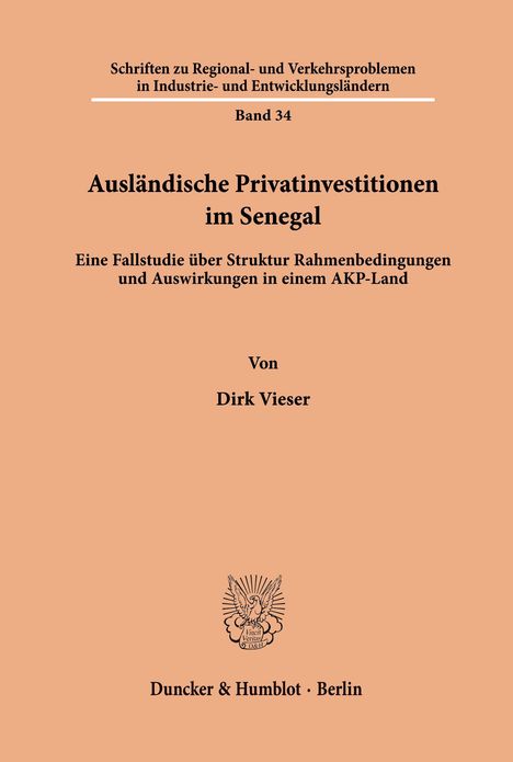 "Ausländische Privatinvestitionen im Senegal" mit orangefarbenem Hintergrund und einem Verlagslogo unten.