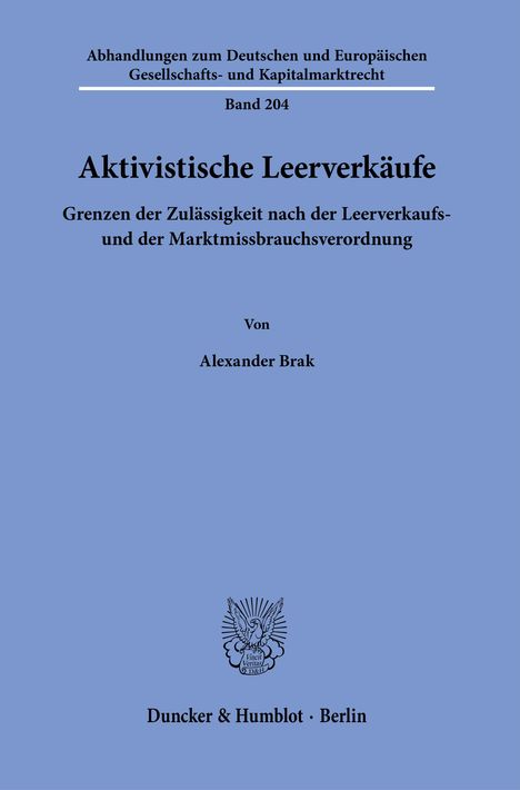 Alexander Brak: Aktivistische Leerverkäufe, Buch