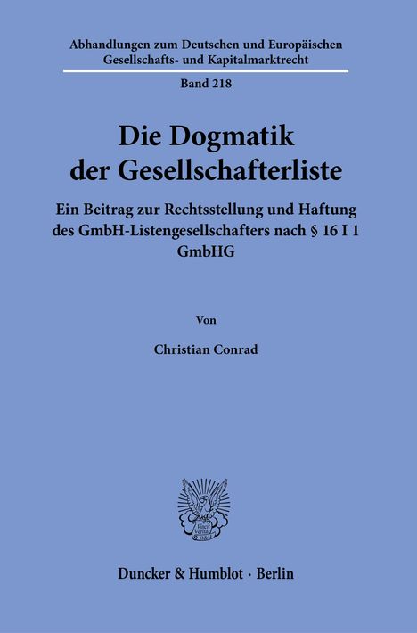 Christian Conrad: Die Dogmatik der Gesellschafterliste., Buch