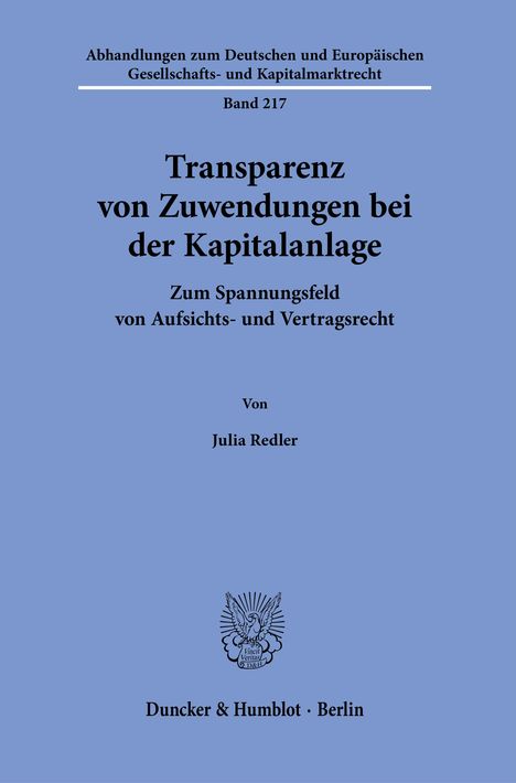 Julia Redler: Transparenz von Zuwendungen bei der Kapitalanlage, Buch
