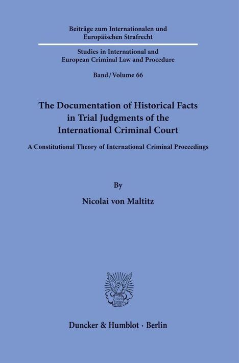 Beitrag über Strafrecht; Band 66. Autor: Nicolai von Maltitz. Herausgeber: Duncker & Humblot, Berlin. Enthält ein Logo.